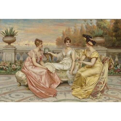Free shipping classical court figure ladys enjoy scenery oil painting canvas prints on canvas home wall art decoration picture