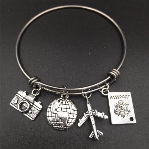 2.5 inch Stainless Steel Expandable Wire Bangle Love Travel Bracelet Camera Globe Plane Passport Charms Wholesale Bulk Jewelry