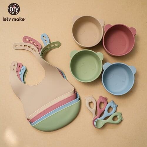 Lets Make Baby Cutlery 3Pcs Set Bear Series Spoon BPA-free Easy-to-clean Waterproof Bib Food Grade Silicone Bowl Kids Cutlery