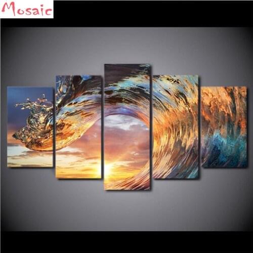 Diy Diamond Embroiderey 5 Piece Sea Wave Painting Pattern Diamond Painting Pictures of Rhinestones Diamond Mosaic Cross Stitch