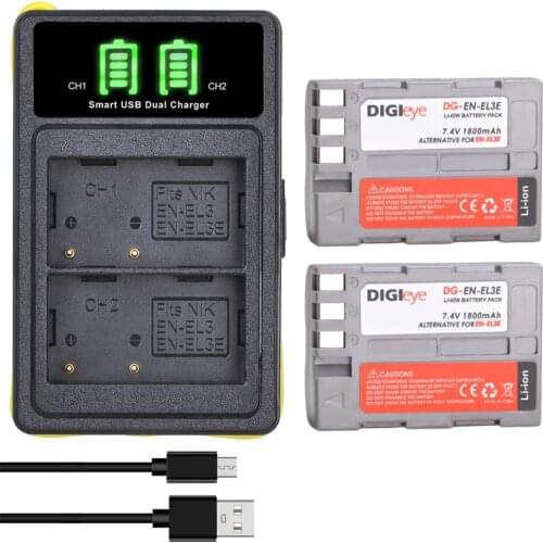 2X EN-EL3e ENEL3E EL3E Battery + LED Dual Charger with Type C for Nikon D50, D70, D70s, D80, D90, D100, D200, D300, D300S, D700