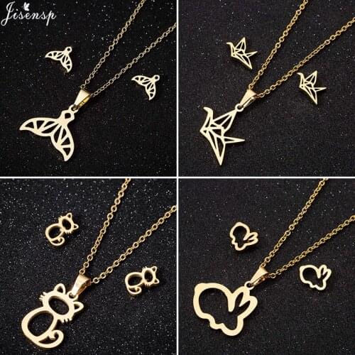 Jisensp Origami Whale Tail Pendant Necklace Earrings Lovely Mermaid Tail Stainless Steel Jewelry Sets for Women Party Gift