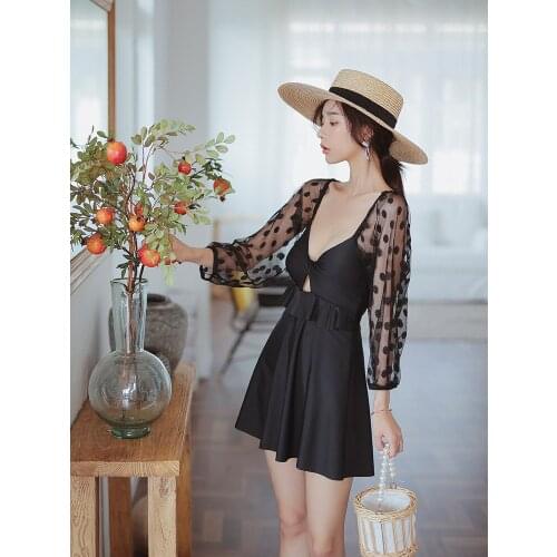 Swimsuit female summer was thin and covered belly 2021 new hot spring long-sleeved one-piece small chest gathered hot spring ins