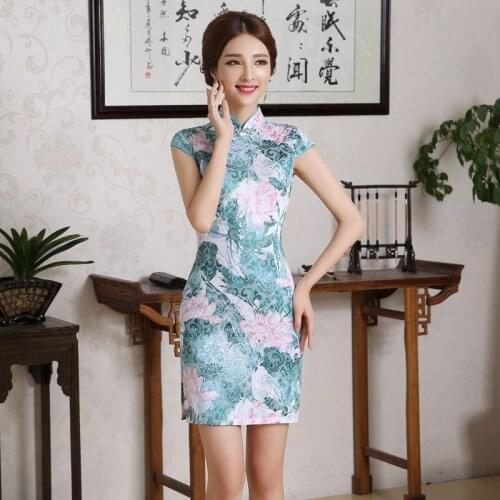 New Summer Vintage Traditional Chinese Women Short Sleeve Cheongsam Female High Neck Qipao Unique Party Evening Dresses