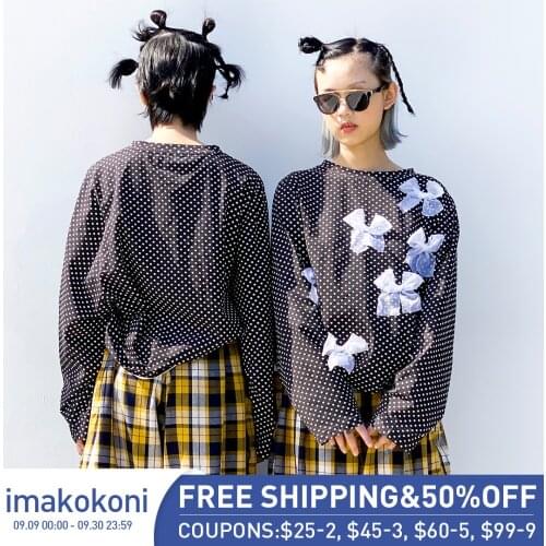 Imakokoni original Japanese design bow polka dot bottoming T-shirt female polka dot top