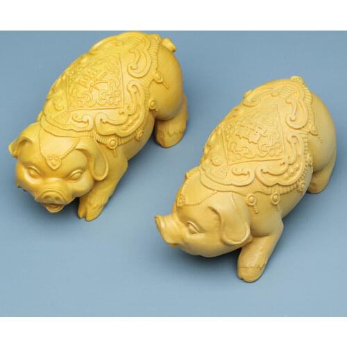 A pair Solid wood carved piggy statue Hand-carved Cute animal fuxi pig Home Decorations Desktop ornaments free shipping