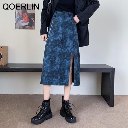 QOERLIN Tie-Dye Split Skirt Female Spring Summer Mid-length Retro High Waist Irregular A-line Skirt Plus Size Jeans Skirts Women