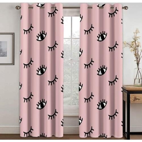 Home Grommet curtains Living Room Bedroom Decoration Black Silk Cloth Curtains Pink Jo Pattern Printing