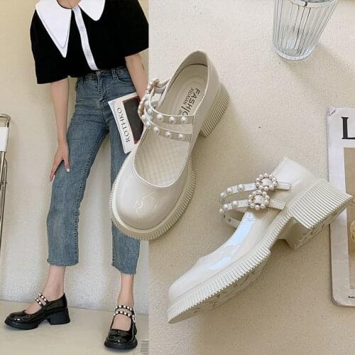 Mary Jane Single Shoes Women 2021 Spring and Summer New Pearl Square Heel Small Leather Shoes Fashion All-match Loafers Women