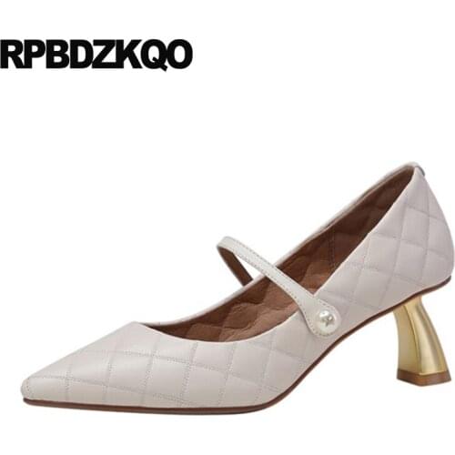 Unique Pumps Strap Size 4 34 Mary Jane Women Beige Plaid Pointed Toe Pearl High Heels Shoes 2021 Medium Strange Genuine Leather