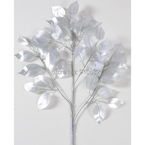 60pcs 55cm Length Silver Banyan Silk Artificial Tree Leaf Leaves Branch For Wedding Home Office Decoration