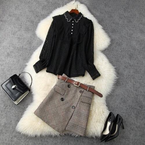 European and American womens wear 2020 winter new style Long-sleeved lace shirt with beaded lapel Plaid skirt Fashion suits