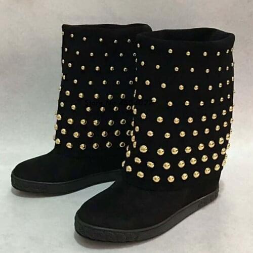 Ladies Black Height increasing Women boots High heels Platform Rivets Studded Mid-calf Boots Sapatos Femininos