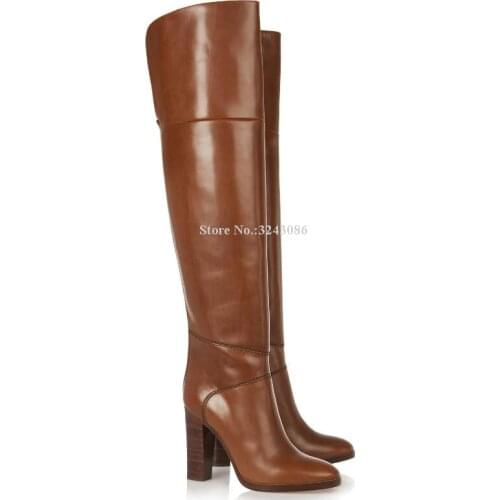 New Brown Leather Chunky Heel Women Long Boots Brand Design Large Size Over the Knee Boots Celebrity Banquet Shoes Dropship
