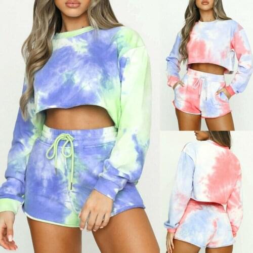 Womens Tie Dye Tracksuit Crop Tops Sweatshirt Shorts Set Lounge Wear Casual Suit New Fashion