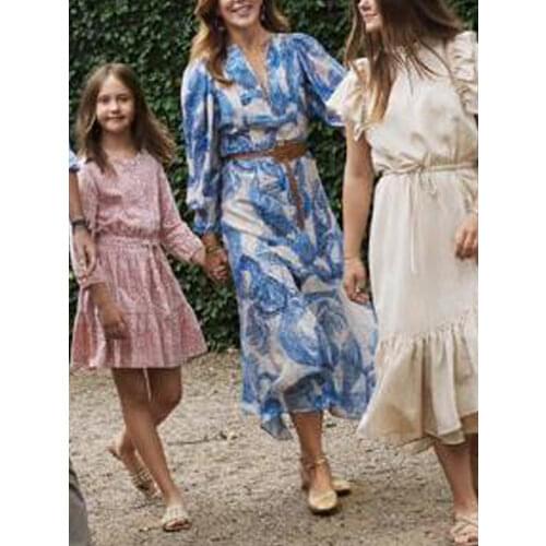 Mary High Quality New Womens Midi Dress Spring Summer Designer Fashion Party Casual Office Vintage Elegant Blue Printed Dress