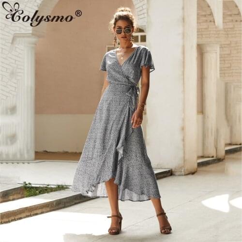Colysmo Print Wrap Dress Short Sleeve Ruffle Dresses Tie up V Neck Bohemian Long Robe Women Fashion Sexy Casual Vestidos 2021