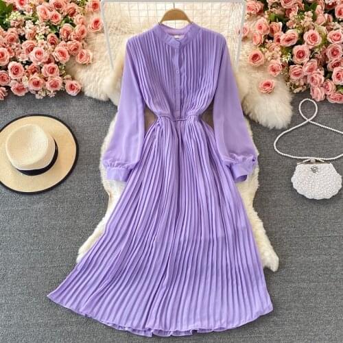 Vintage Robe Women Fashion Casual Slim A-line Dress 2021 Autumn Women New Chiffon Soild Grace Temperament Big Pendulum Dress