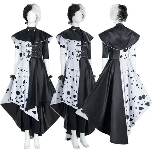 2021 Cruella Costume Cosplay Evil Queen Black White Coat Evening Party Dress Fashion Emma Magic steampunk jacket dress
