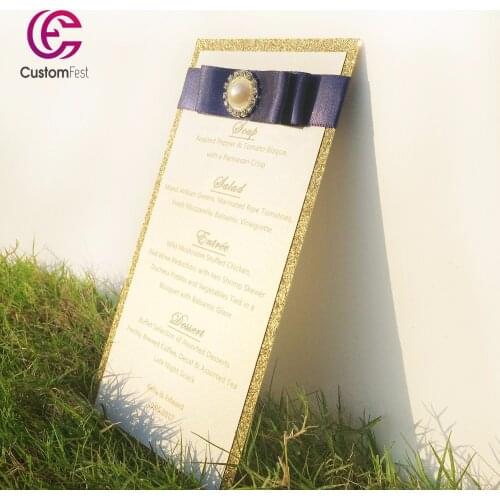 30pcs/lot Personalized menu two layers menu handmade Gold glitter with ribbon and brooch decoration whole set available