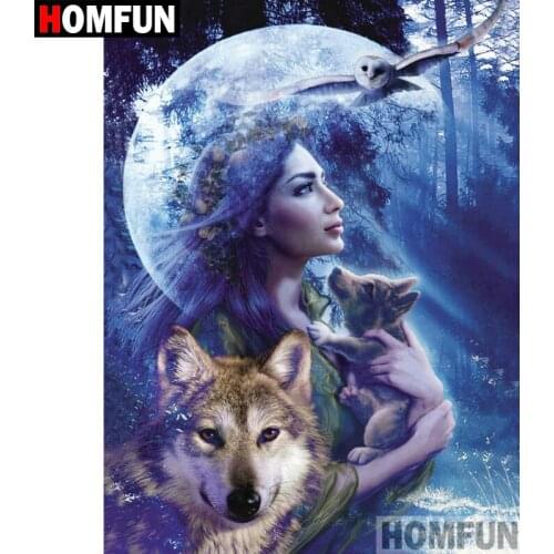 HOMFUN 5D DIY Diamond Painting Full Square/Round Drill "Woman wolf" 3D Embroidery Cross Stitch gift Home Decor A00182