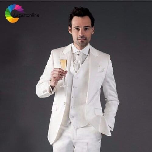 White Wedding Tuxedos Men Suits Groom Wear Slim Fit Terno 3Pieces(Jacket+Pants+Vest) Peaked Lapel Groomsmen Costume Homme Blazer