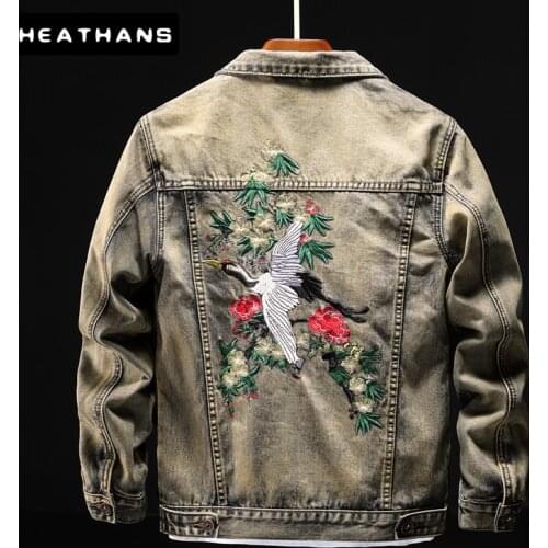 Denim Jacket Mens Jacket Autumn Winter Thicken Jean Jacket Men Embroidere Paper Cranes Loose Oversize Vintage Handsome Denim Top