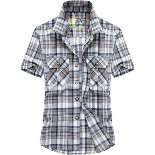 Summer Plaid Plus Size Shirt New Men Shirts Brand Casual Cotton Shirt Short Sleeve Shirt Young Man Loose