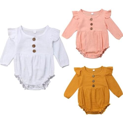 0-24M Summer Toddler Infant Baby Girl Boys Bodysuits Solid Long Sleeve Ruffles Jumpsuit Sunsuit Clothes