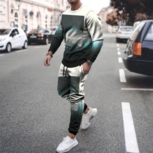 Summer black printed mens suit 2-piece T-shirt + trousers sportswear sweater mens casual sports suit plus size