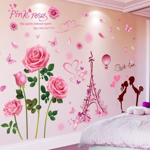 Tower Couples Wall Sticker DIY Roses Flowers Plants Mural Decals for Living Room Kitchen Wedding Home Decoration Accessories