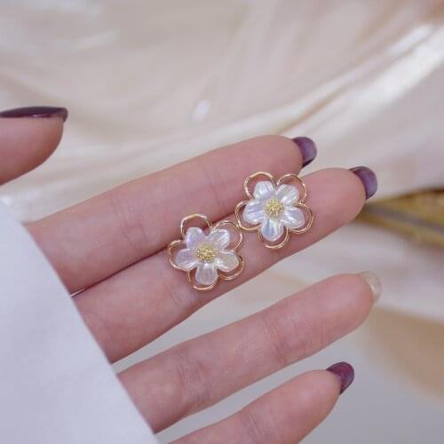 Korea New Fashion Jewelry Exquisite 925 Silver Needle 14K Real Gold Earrings Elegant White Flower Women Birthday Gift Earrings