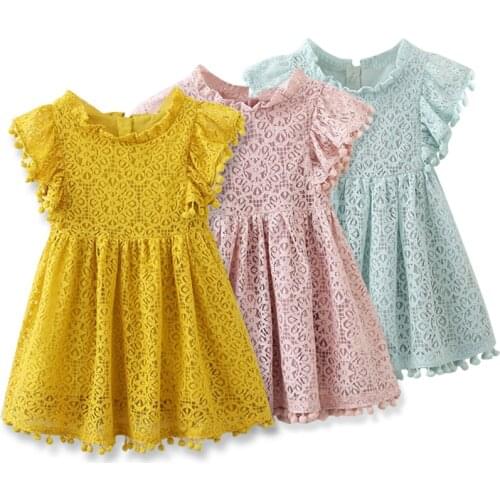 2 3 4 5 6 7 Years Fancy Baby Girls Dress Kids Ruffle Ball Tassel Hollow Little Girls Dresses Cute Pink/Yellow Lace Dress Summer