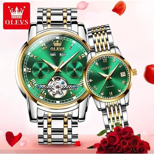 OLEVS Couple Luxury Mens And Womens Automatic Mechanical Stainless Steel Sports Waterproof Watch Week Calendar Display 6602