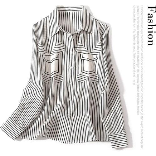 High Quality Fall new Lapel stripe fake pocket positioning print long sleeve single breasted 03 heavyweight silk shirt top