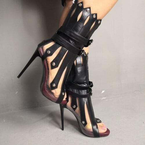 US4-12 Womens Peep Toe Rivets Tassels PU Leather Ankle Hollow Out Belt Buckle Stilettos High Heel Sandals Shoes Gladiator C347