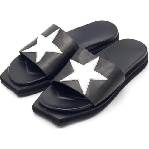 Mens Slippers flip flops Flat beach Fashion Outside non-slip Star slippers Men Shoes cow leather Thick soles slippers Flat head