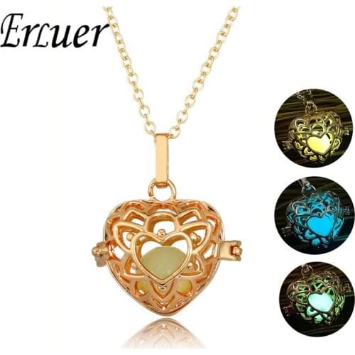 Hollow Heart-shape Luminous Pendant Necklaces For Women Bead Glow In The Dark Silver Plated Fashion Necklace Halloween gifts
