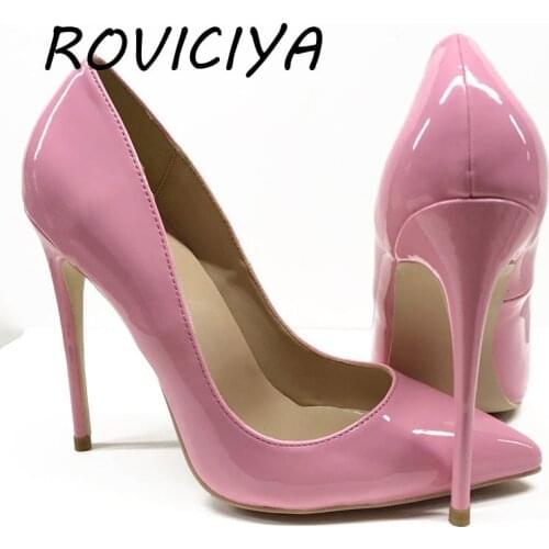Pink fashion shallow 12cm high heels pumps patent leather PU sexy ladies dress party wedding club women shoes QP060 ROVICIYA