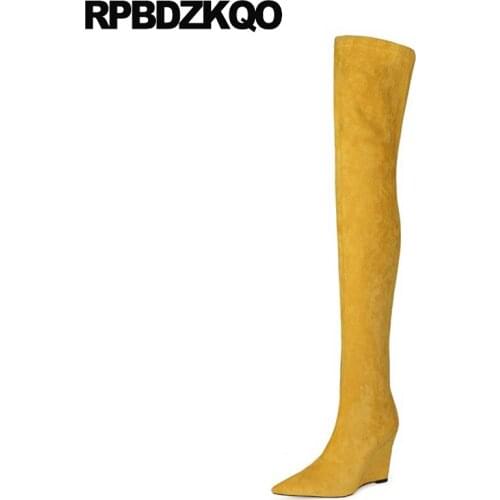 High Heel Shoes Over The Knee Exotic Dancer Suede Slim Thigh Women Boots Wedge Sexy Crotch Big Size Stripper Pole Yellow 10 Plus