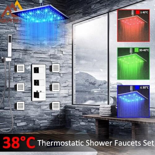 Vidric LED Thermostatic In Wall Mount Shower Faucets Set Brass Shower Head Thermostatic Mixer Tap Handles 6pcs Massage Jets Bath