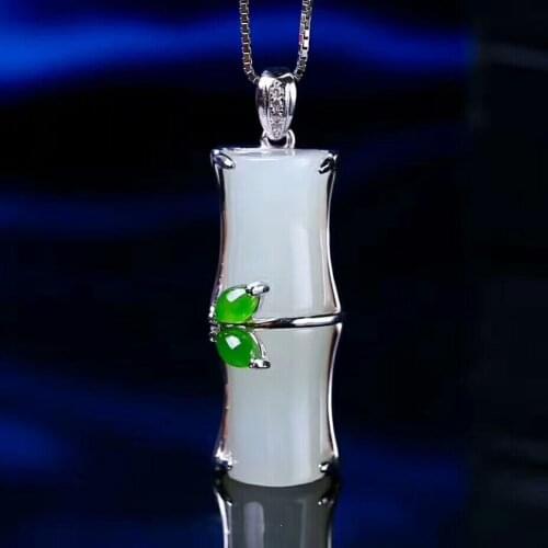 Natural jade pendant handcarved bamboo jade pendants with 925 sterling silver necklace jadeite jade jewelry jade necklace