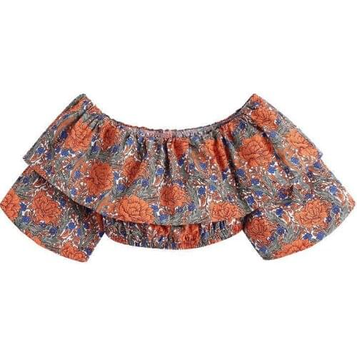 2021 Women Fashion Floral Print Ruffled Cropped Blouses Vintage Elastic Neck Puff Sleeve Female Shirts Blusas Chic Tops