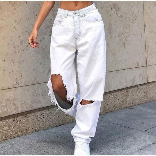 Women Vintage Y2k Low Rise Loose Wide Leg Trousers Harajuku White Ripped Hole Baggy Denim Pants 2021 Boyfriend Straight Jeans