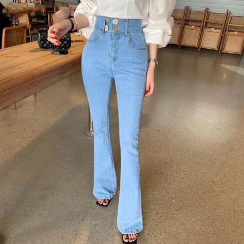 Y2K High Waist Buttons Flare Jeans Pants for Women Casual Ladies Denim Blue Trousers 2021 Spring Summer Pantalon P175
