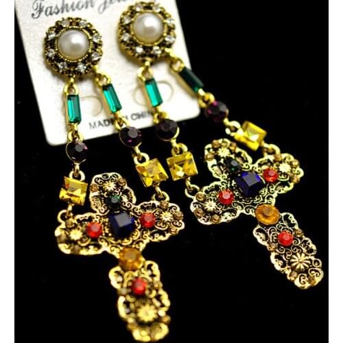 New Euramerican Palace Vintage Pop Baroque Style Brand Jewelry Rhinestone multicolor Gem Cross Earrings Long Pendientes