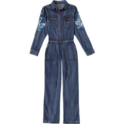 Denim Jumpsuit women 2020 hight Waist embroidered Overalls Playsuits turn-down collar Jeans Rompers