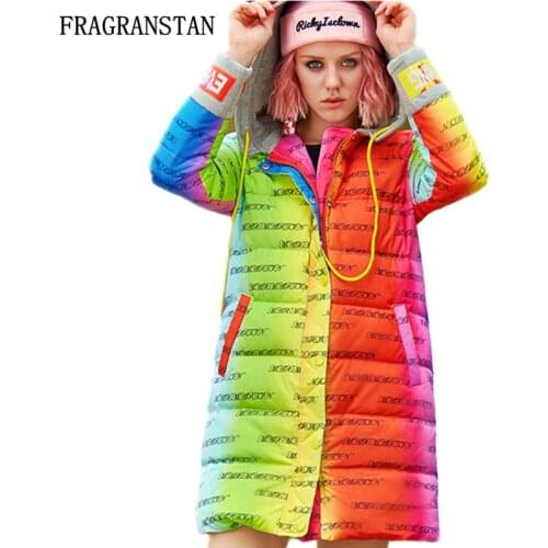 Female 2018 Winter New Keep Warm Hooded Down Jacket Lady Fashion Hit Color Letter Sequins Printed Parkas Casual Loose Coat JQ456