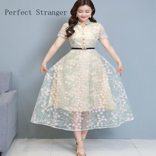 High Quality 2021 Summer Dress For Women V Collar Floral Lace Short Sleeve Women Long Dress With Belt