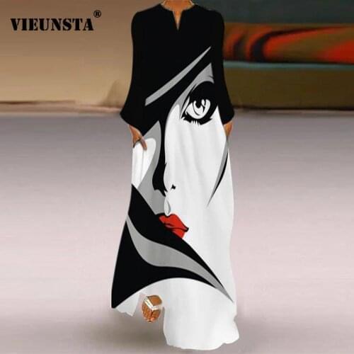 Women Retro Abstract Face Print Maxi Dress Elegant V-neck Long Sleeve Party Dress 2021 Spring Loose Pocket Long Dresses Vestidos